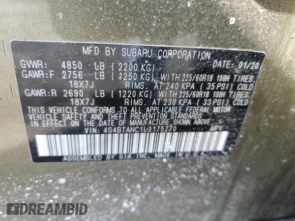 2020 Subaru Outback Limited с VIN 4S4BTANC1L3175770, выставлен на аукционе Copart как лот 44978555 с пробегом Не указан миль и Списание • Salvage title. История ставок и продаж доступна на DreamBid. Изображение 15.
