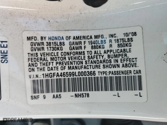 2009 Honda Civic Sdn GX with VIN 1HGFA46599L000366, listed as a Copart auction lot 51542655 with 143,637 mi miles and Salvage Title. Bid and sale history available at carsss.com. Image 12.
