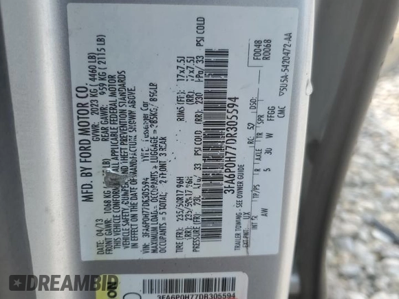 2013 Ford Fusion SE with VIN 3FA6P0H77DR305594, listed as a Copart auction lot 59787235 with 183,630 mi miles and Clean title. Bid and sale history available at DreamBid. Image 12.