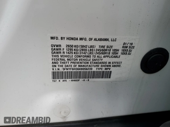 2019 Honda Pilot EX z VIN 5FNYF6H36KB056239, wystawiony jako Copart lot #57061645 z przebiegiem 107 880 mil mil oraz Szkoda całkowita • Salvage title. Historia ofert i sprzedaży dostępna na DreamBid. Obrazek 14.