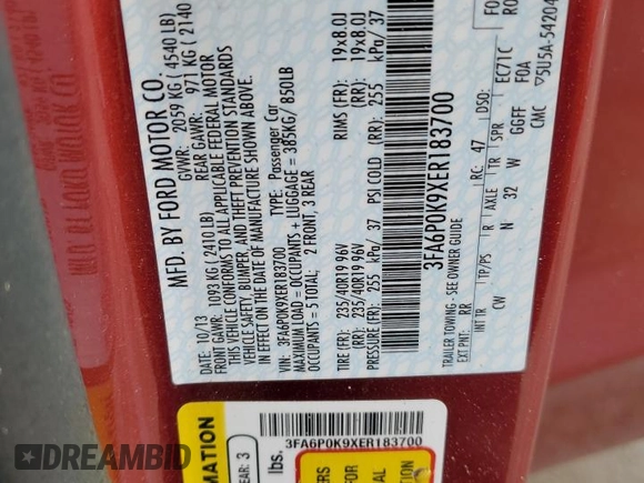 2014 Ford Fusion Titanium with VIN 3FA6P0K9XER183700, listed as a Copart auction lot 51161405 with 72,669 mi miles and Non Repairable. Bid and sale history available at carsss.com. Image 12.