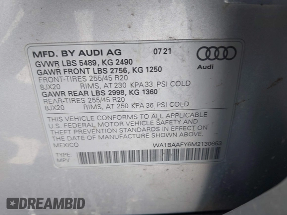 2021 Audi Q5 Premium Plus z VIN WA1BAAFY6M2130653, wystawiony jako IAAI lot #42138199 z przebiegiem 42 127 mil mil oraz . Historia ofert i sprzedaży dostępna na DreamBid. Obrazek 9.