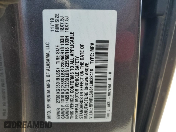 2020 Honda Odyssey Touring with VIN 5FNRL6H84LB032418, listed as a Copart auction lot 59118565 with Not provided miles and Salvage title. Bid and sale history available at DreamBid. Image 14.