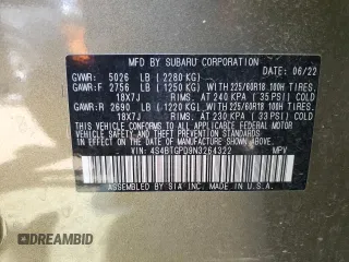 2022 Subaru Outback Touring XT with VIN 4S4BTGPD9N3264322, listed as a Copart auction lot 47505665 with 45,331 mi miles and Salvage title. Bid and sale history available at DreamBid. Image 13.