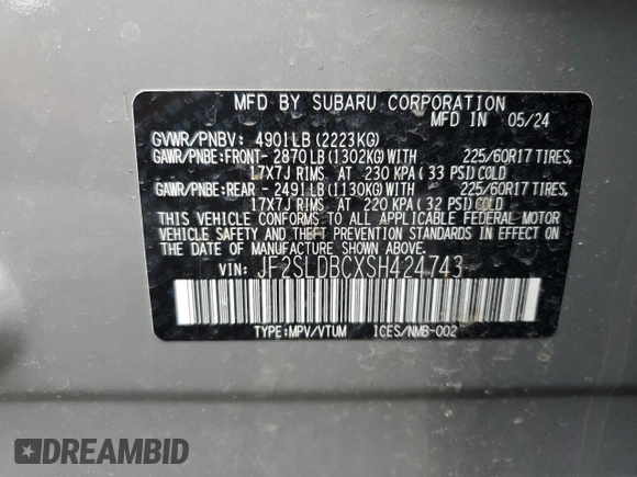 2025 Subaru Forester Premium with VIN JF2SLDBCXSH424743, listed as a Copart auction lot 56463185 with 12,520 mi miles and Salvage title. Bid and sale history available at DreamBid. Image 13.