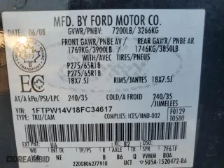 2008 Ford F-150 XLT with VIN 1FTPW14V18FC34617, listed as a Copart auction lot 52149725 with 202,963 mi miles and Salvage Title. Bid and sale history available at carsss.com. Image 12.