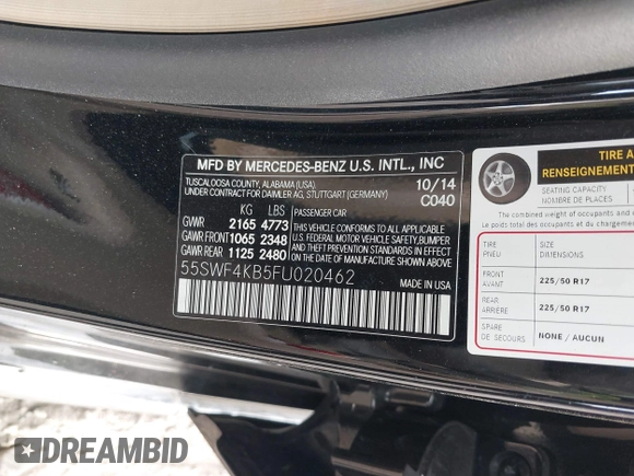 2015 Mercedes-Benz C-Class C 300 Luxury with VIN 55SWF4KB5FU020462, listed as a IAAI auction lot 40770678 with 136,442 mi miles. Bid and sale history available at carsss.com. Image 9.