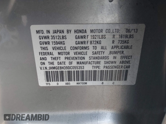 2013 Honda Fit with VIN JHMGE8H39DC055353, listed as a IAAI auction lot 41986501 with 159,569 mi miles. Bid and sale history available at carsss.com. Image 9.