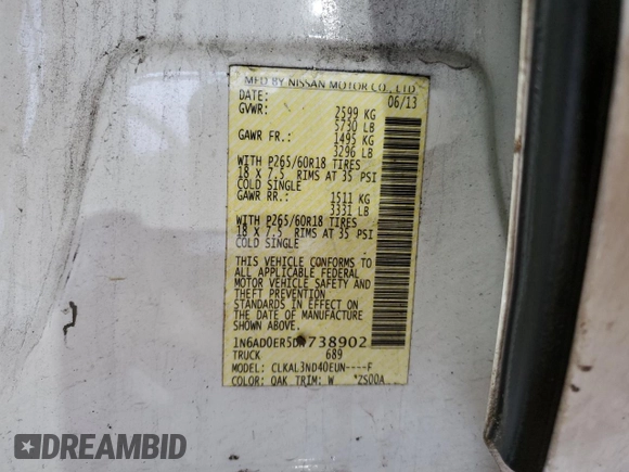 2013 Nissan Frontier SL z VIN 1N6AD0ER5DN738902, wystawiony jako Copart lot #54208265 z przebiegiem 149 948 mil mil oraz Nie do naprawy • Non repairable. Historia ofert i sprzedaży dostępna na DreamBid. Obrazek 12.
