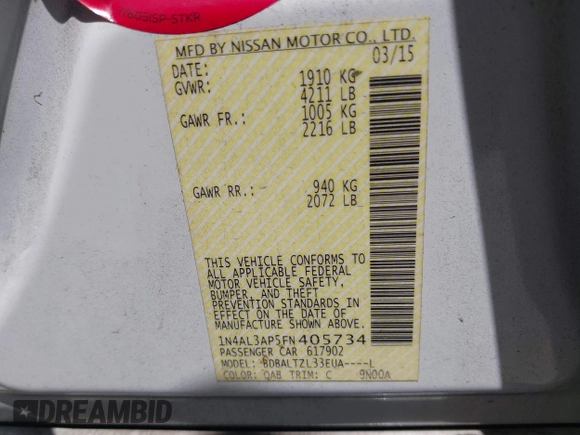 2015 Nissan Altima S with VIN 1N4AL3AP5FN405734, listed as a IAAI auction lot 42059082 with 90,651 mi miles and . Bid and sale history available at DreamBid. Image 9.