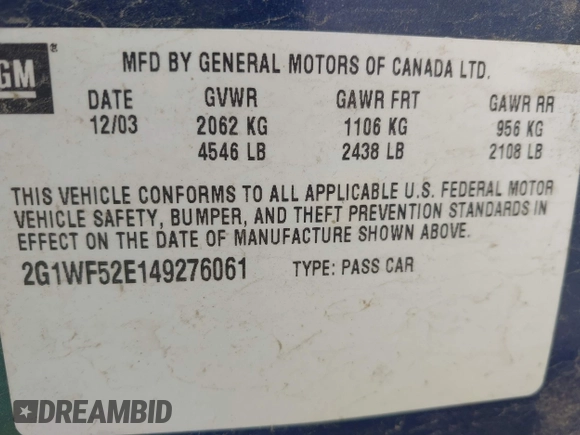 2004 Chevrolet Impala с VIN 2G1WF52E149276061, выставлен на аукционе IAAI как лот 42335149 с пробегом 252 045 миль миль и . История ставок и продаж доступна на DreamBid. Изображение 9.