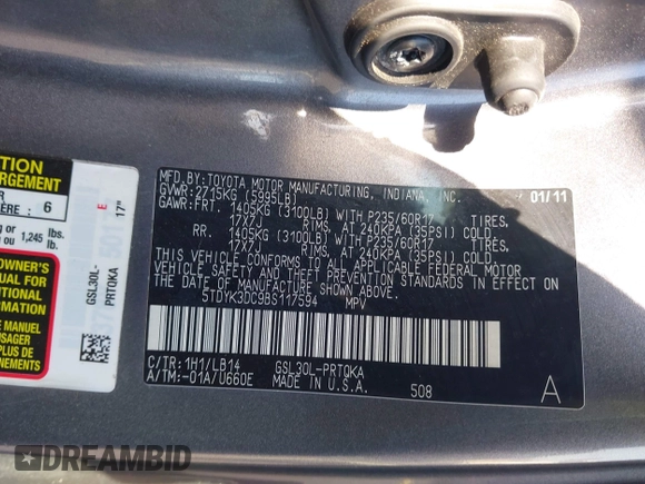 2011 Toyota Sienna XLE AAS with VIN 5TDYK3DC9BS117594, listed as a IAAI auction lot 42553026 with 156,808 mi miles and . Bid and sale history available at DreamBid. Image 9.