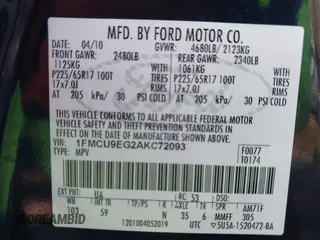 2010 Ford Escape Limited with VIN 1FMCU9EG2AKC72093, listed as a IAAI auction lot 41942463 with 245,683 mi miles and . Bid and sale history available at DreamBid. Image 9.