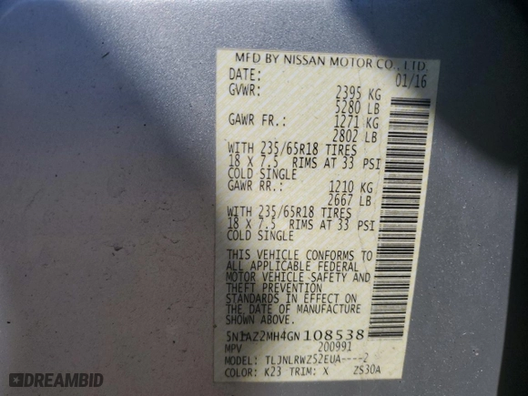 2016 Nissan Murano SL with VIN 5N1AZ2MH4GN108538, listed as a Copart auction lot 48416645 with 63,999 mi miles and Salvage Title. Bid and sale history available at carsss.com. Image 15.