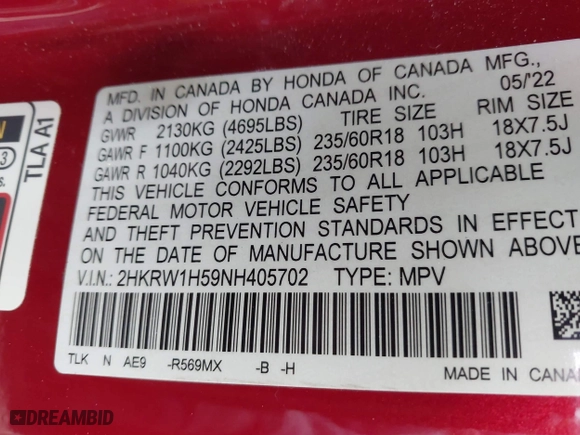 2022 Honda CR-V EX with VIN 2HKRW1H59NH405702, listed as a IAAI auction lot 41542120 with 21,227 mi miles. Bid and sale history available at carsss.com. Image 9.