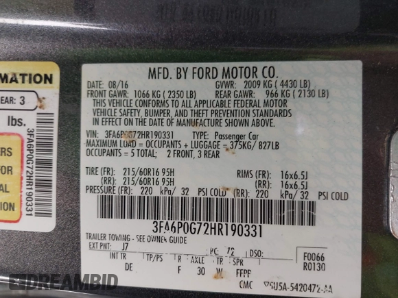 2017 Ford Fusion S with VIN 3FA6P0G72HR190331, listed as a IAAI auction lot 42003479 with 130,252 mi miles. Bid and sale history available at carsss.com. Image 9.