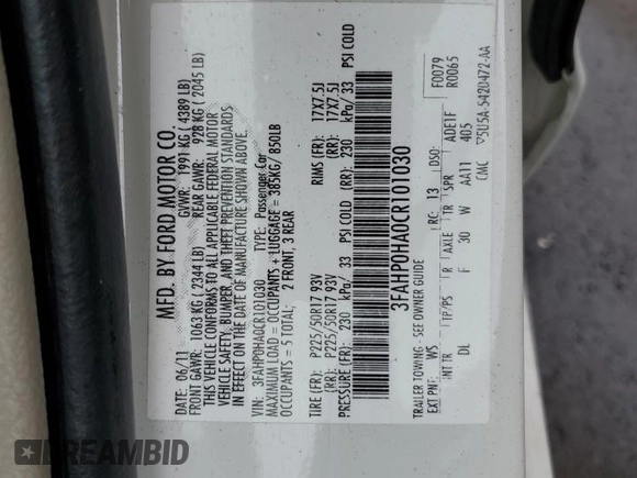 2012 Ford Fusion SE with VIN 3FAHP0HA0CR101030, listed as a Copart auction lot 54010405 with 98,263 mi miles and Salvage title. Bid and sale history available at DreamBid. Image 12.