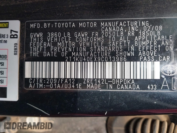 2009 Toyota Matrix with VIN 2T1KU40EX9C013986, listed as a IAAI auction lot 42117914 with 151,113 mi miles. Bid and sale history available at carsss.com. Image 9.