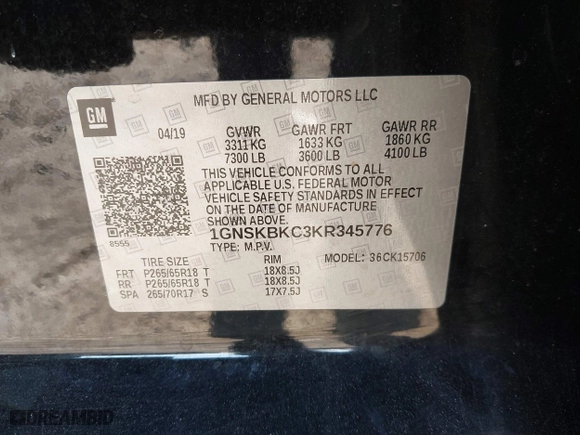 2019 Chevrolet Tahoe LT with VIN 1GNSKBKC3KR345776, listed as a IAAI auction lot 41674948 with 119,871 mi miles. Bid and sale history available at carsss.com. Image 9.