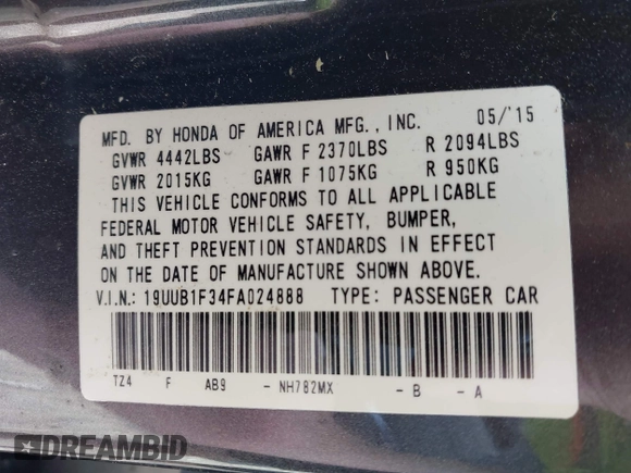 2015 Acura TLX with VIN 19UUB1F34FA024888, listed as a IAAI auction lot 41904887 with 72,112 mi miles. Bid and sale history available at carsss.com. Image 9.