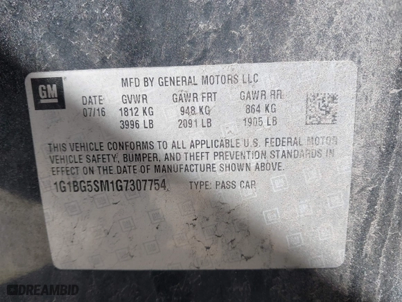 2016 Chevrolet Cruze Premier with VIN 1G1BG5SM1G7307754, listed as a IAAI auction lot 41834965 with 121,069 mi miles. Bid and sale history available at carsss.com. Image 9.