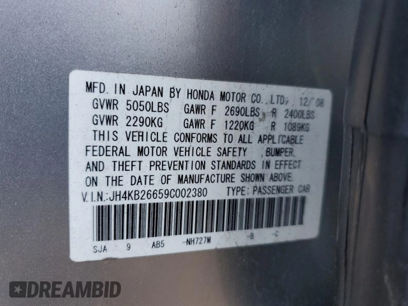 2009 Acura RL Tech Pkg with VIN JH4KB26659C002380, listed as a Copart auction lot 45475645 with 222,875 mi miles and Salvage Title. Bid and sale history available at carsss.com. Image 12.