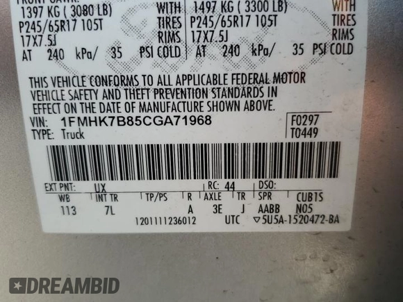 2012 Ford Explorer z VIN 1FMHK7B85CGA71968, wystawiony jako Copart lot #49049955 z przebiegiem 151 125 mil mil oraz Nie do naprawy • Non repairable. Historia ofert i sprzedaży dostępna na DreamBid. Obrazek 13.