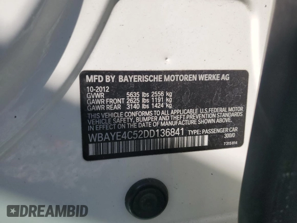 2013 BMW 7 Series 740Li z VIN WBAYE4C52DD136841, wystawiony jako Copart lot #48608895 z przebiegiem 99 436 mil mil oraz Czysty tytuł • Clean title. Historia ofert i sprzedaży dostępna na DreamBid. Obrazek 13.
