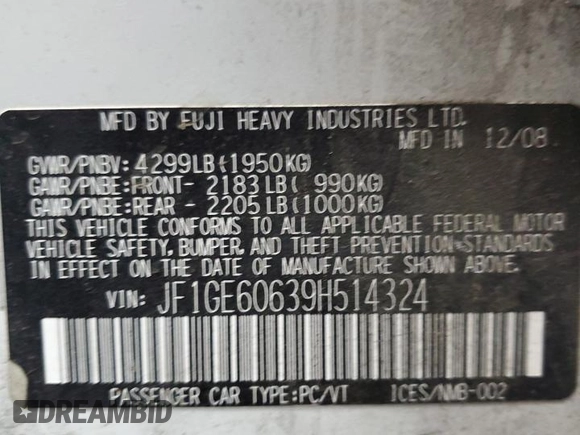 2009 Subaru Impreza i z VIN JF1GE60639H514324, wystawiony jako Copart lot #53187415 z przebiegiem 129 706 mil mil oraz Czysty tytuł • Clean title. Historia ofert i sprzedaży dostępna na DreamBid. Obrazek 12.