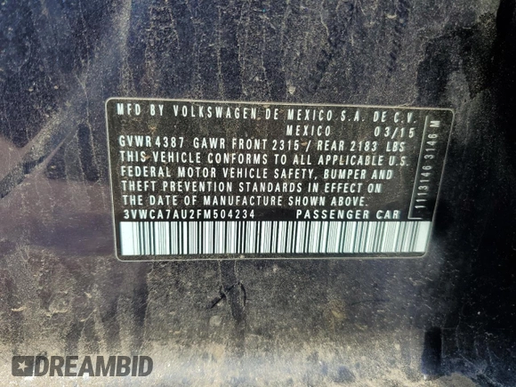 2015 Volkswagen Golf S с VIN 3VWCA7AU2FM504234, выставлен на аукционе Copart как лот 56625345 с пробегом 144 038 миль миль и Списание • Salvage title. История ставок и продаж доступна на DreamBid. Изображение 13.
