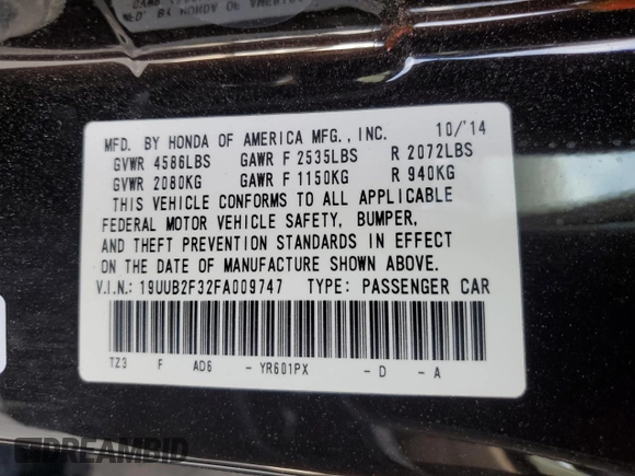 2015 Acura TLX V6 with VIN 19UUB2F32FA009747, listed as a Copart auction lot 55556435 with 83,592 mi miles and Salvage title. Bid and sale history available at DreamBid. Image 12.
