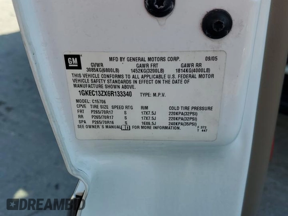 2006 GMC Yukon SLE with VIN 1GKEC13ZX6R133340, listed as a Copart auction lot 48743425 with Not Provided miles and Salvage Title. Bid and sale history available at DreamBid. Image 12.