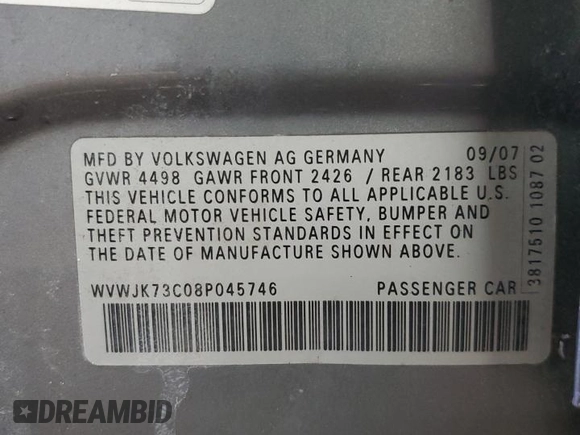 2008 Volkswagen Passat Turbo z VIN WVWJK73C08P045746, wystawiony jako Copart lot #52714265 z przebiegiem 202 420 mil mil oraz Szkoda całkowita • Salvage title. Historia ofert i sprzedaży dostępna na DreamBid. Obrazek 12.