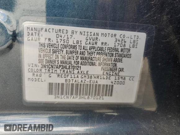 2017 Nissan Versa SV z VIN 3N1CN7AP3HL870121, wystawiony jako Copart lot #57653475 z przebiegiem 164 078 mil mil oraz Szkoda całkowita • Salvage title. Historia ofert i sprzedaży dostępna na DreamBid. Obrazek 12.