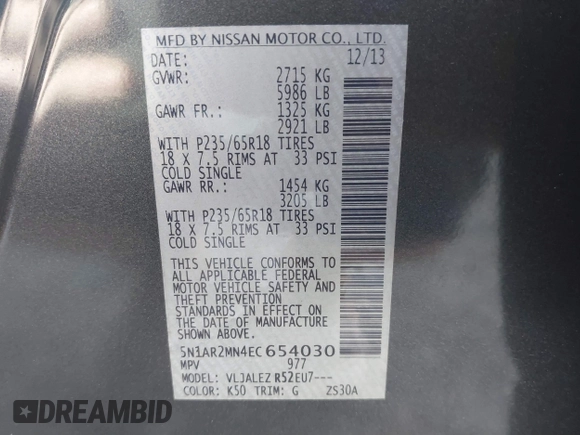 2014 Nissan Pathfinder SV z VIN 5N1AR2MN4EC654030, wystawiony jako IAAI lot #41797650 z przebiegiem 129 731 mil mil oraz . Historia ofert i sprzedaży dostępna na DreamBid. Obrazek 9.