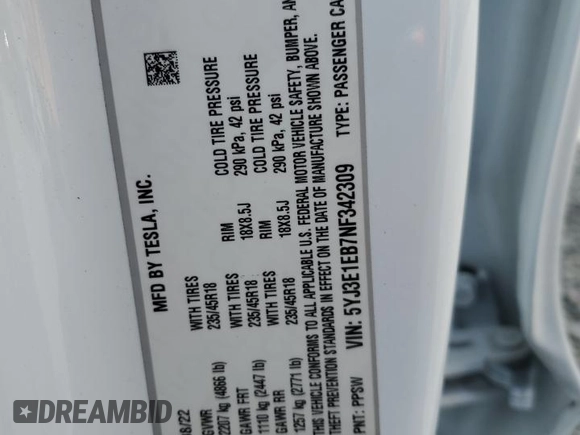 2022 Tesla Model 3 Long Range with VIN 5YJ3E1EB7NF342309, listed as a Copart auction lot 48282775 with 40,180 mi miles and Salvage Title. Bid and sale history available at DreamBid. Image 12.