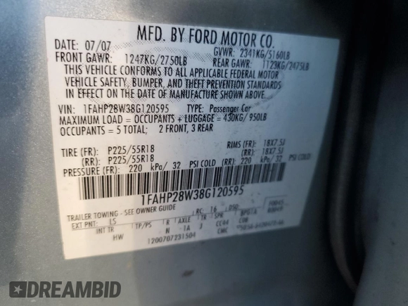 2008 Ford Taurus Limited with VIN 1FAHP28W38G120595, listed as a Copart auction lot 42279235 with 0 mi miles and Salvage Title. Bid and sale history available at carsss.com. Image 12.