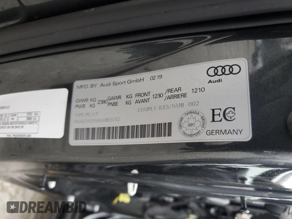 2019 Audi RS 5 Sportback z VIN WUACWCF5XKA903742, wystawiony jako Copart lot #44325775 z przebiegiem 47 180 mil mil oraz Szkody całkowita. Historia ofert i sprzedaży dostępna na DreamBid. Obrazek 13.