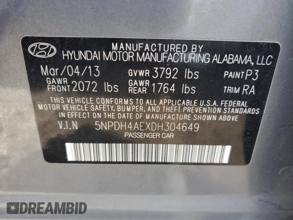 2013 Hyundai Elantra Limited with VIN 5NPDH4AEXDH304649, listed as a Copart auction lot 52179705 with 149,022 mi miles and Salvage Title. Bid and sale history available at DreamBid. Image 12.