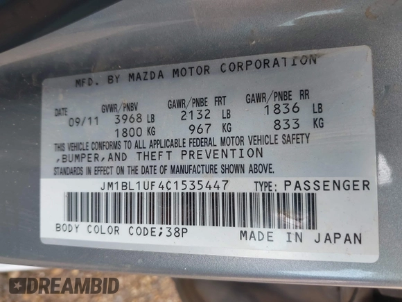 2012 Mazda 3 i Sport with VIN JM1BL1UF4C1535447, listed as a IAAI auction lot 42073084 with 121,185 mi miles and . Bid and sale history available at DreamBid. Image 9.