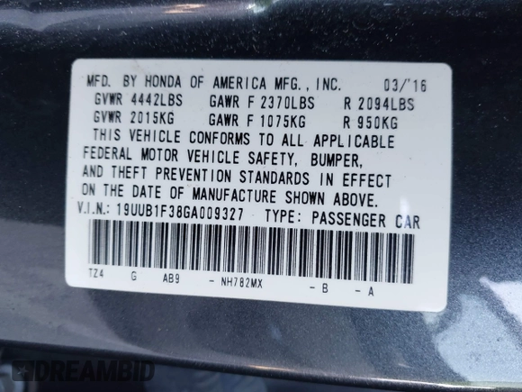 2016 Acura TLX with VIN 19UUB1F38GA009327, listed as a IAAI auction lot 41449858 with 94,203 mi miles and . Bid and sale history available at DreamBid. Image 9.