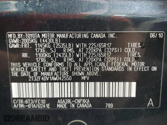 2010 Toyota RAV4 with VIN 2T3ZF4DV1AW042550, listed as a Copart auction lot 59531235 with 206,106 mi miles and Salvage title. Bid and sale history available at DreamBid. Image 13.