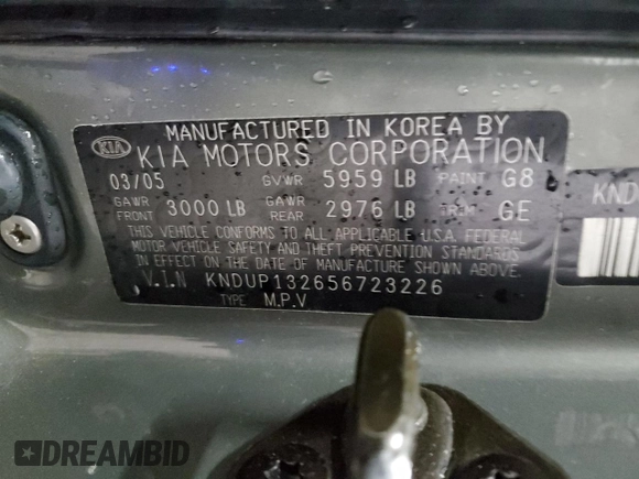 2005 Kia Sedona LX with VIN KNDUP132656723226, listed as a Copart auction lot 52886115 with 0 mi miles and Salvage Title. Bid and sale history available at carsss.com. Image 13.
