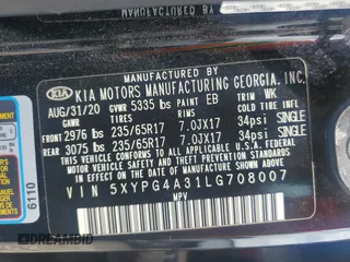 2020 Kia Sorento L with VIN 5XYPG4A31LG708007, listed as a Copart auction lot 47434395 with 50,759 mi miles and Salvage Title. Bid and sale history available at carsss.com. Image 13.