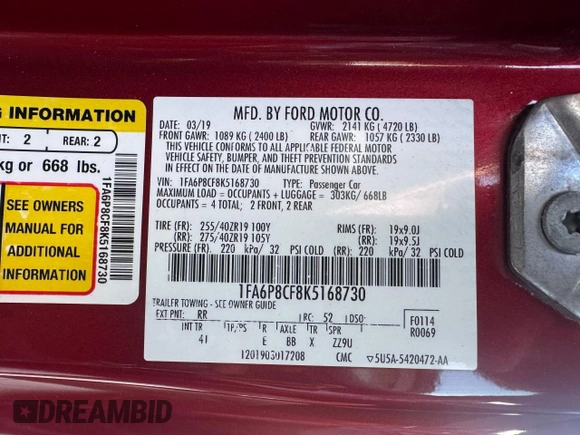 2019 Ford Mustang GT with VIN 1FA6P8CF8K5168730, listed as a Copart auction lot 62222515 with 42,889 mi miles and Salvage title. Bid and sale history available at DreamBid. Image 10.