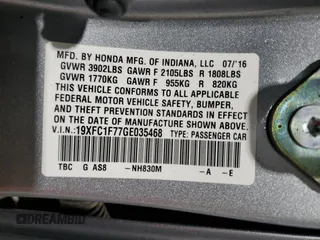 2016 Honda Civic Sedan EX-L with VIN 19XFC1F77GE035468, listed as a Copart auction lot 48782985 with 94,162 mi miles and Clean Title. Bid and sale history available at carsss.com. Image 12.