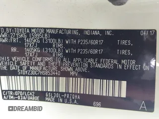 2017 Toyota Sienna XLE Auto Access Seat with VIN 5TDYZ3DC7HS853440, listed as a IAAI auction lot 41541247 with 76,905 mi miles and . Bid and sale history available at DreamBid. Image 9.