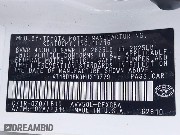2017 Toyota Camry Hybrid LE with VIN 4T1BD1FK3HU213729, listed as a IAAI auction lot 41556587 with 110,713 mi miles. Bid and sale history available at carsss.com. Image 9.