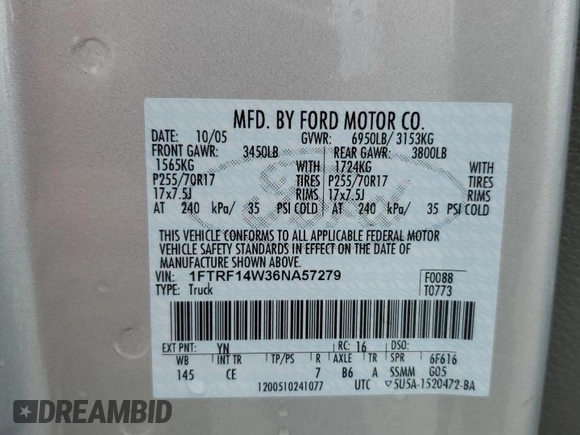 2006 Ford F-150 XL with VIN 1FTRF14W36NA57279, listed as a Copart auction lot 46629825 with 108,810 mi miles and Salvage Title. Bid and sale history available at carsss.com. Image 12.