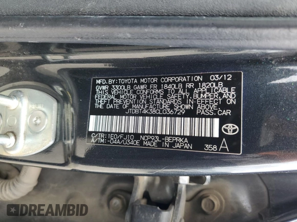 2012 Toyota Yaris with VIN JTDBT4K38CL036729, listed as a Copart auction lot 53514995 with 232,180 mi miles and Salvage Title. Bid and sale history available at DreamBid. Image 12.